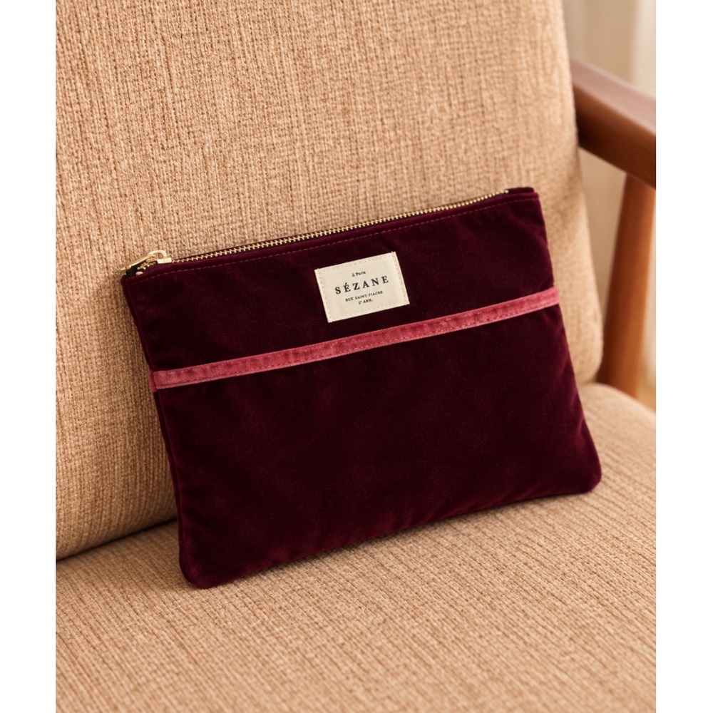 Sezane Womens Cosmetics Bag Velvet Burgundy Pouch Makeup Travel Case French Zip